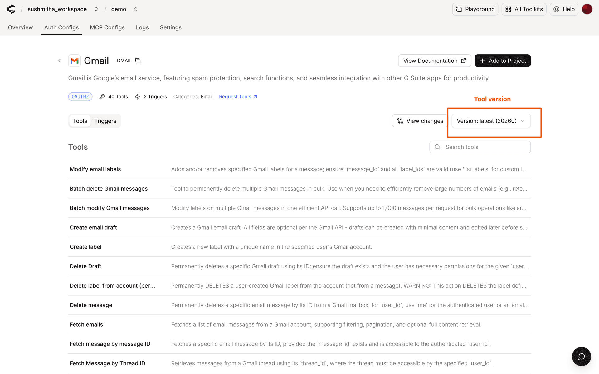 Toolkit version selector on the Devcaster dashboard