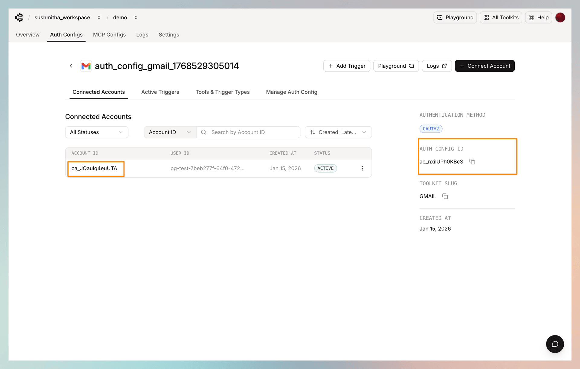 Finding authConfigId and connected account ID in the Devcaster dashboard