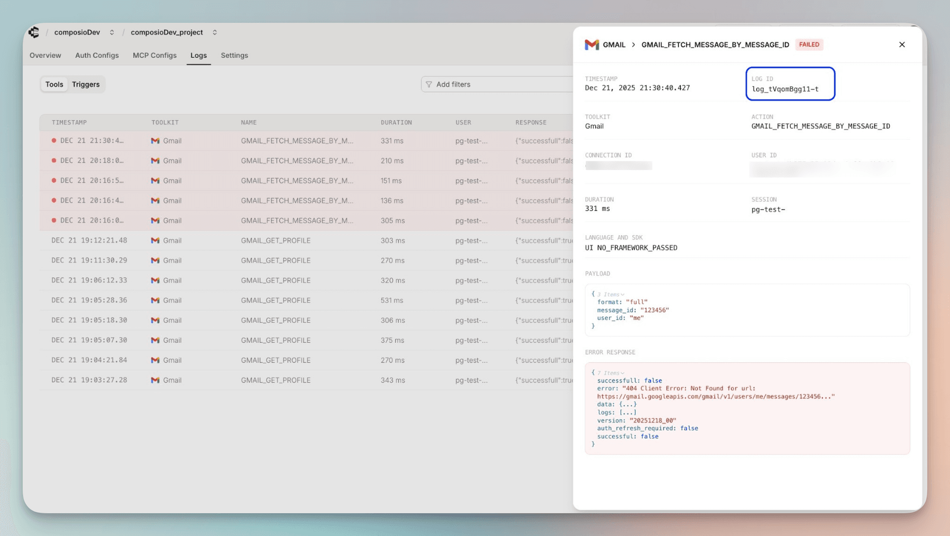 Example tool execution log showing log_id in the Devcaster dashboard